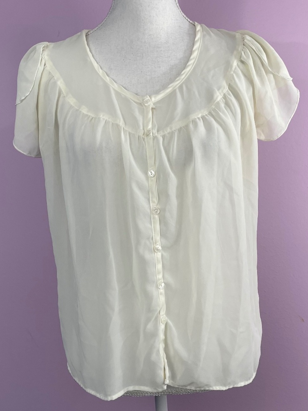 Victorian Sheer Yoke Chiffon Blouse S Short Puff Sleeve Flowy Lightweight White